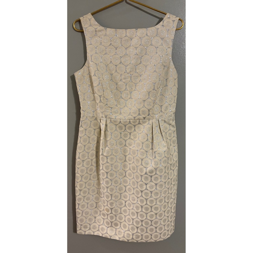 Helene Berman London Metallic Silver Cream Jacquard Circle Sheath Dress 10 UK